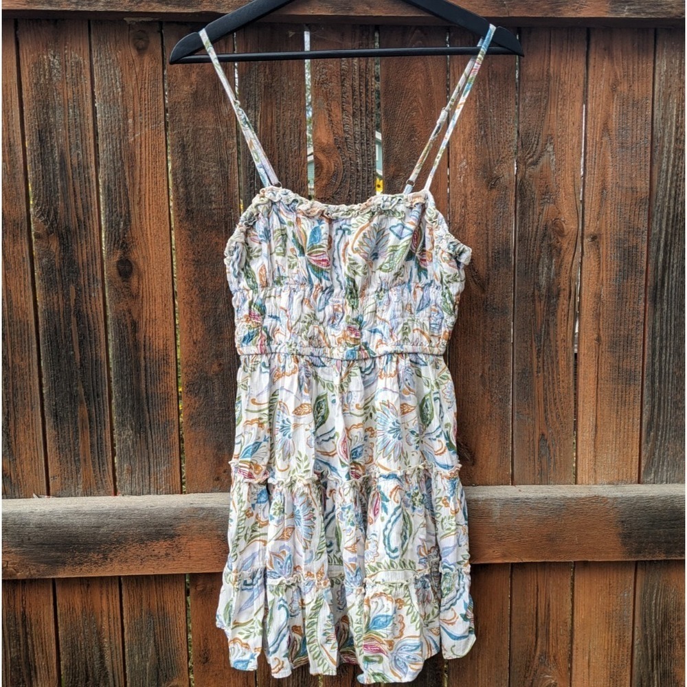 Angie Floral Babydoll Sun Dress M/L White Spaghetti Strap Boho Tiered Sundress